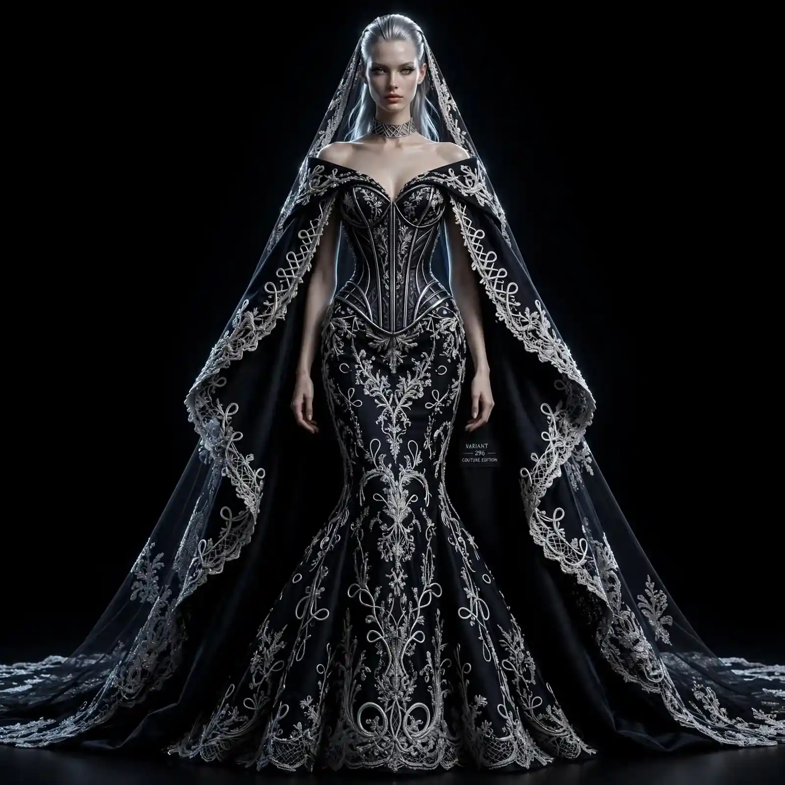 Graphite Ikat Peplum ExpensiveE Couture Mermaid Wedding Dress with Capelet