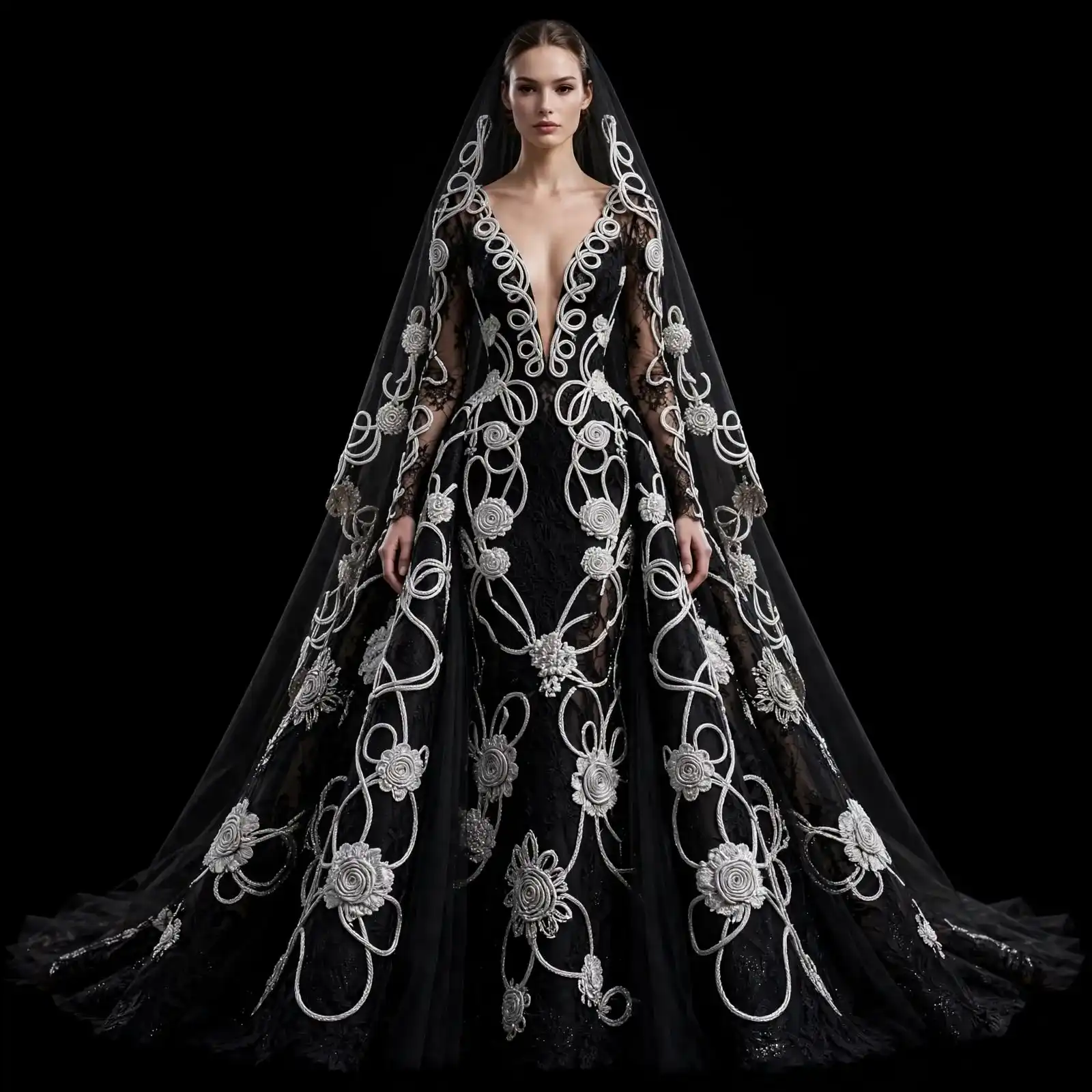 Ivory Baroque Swirl Lace VeilGown