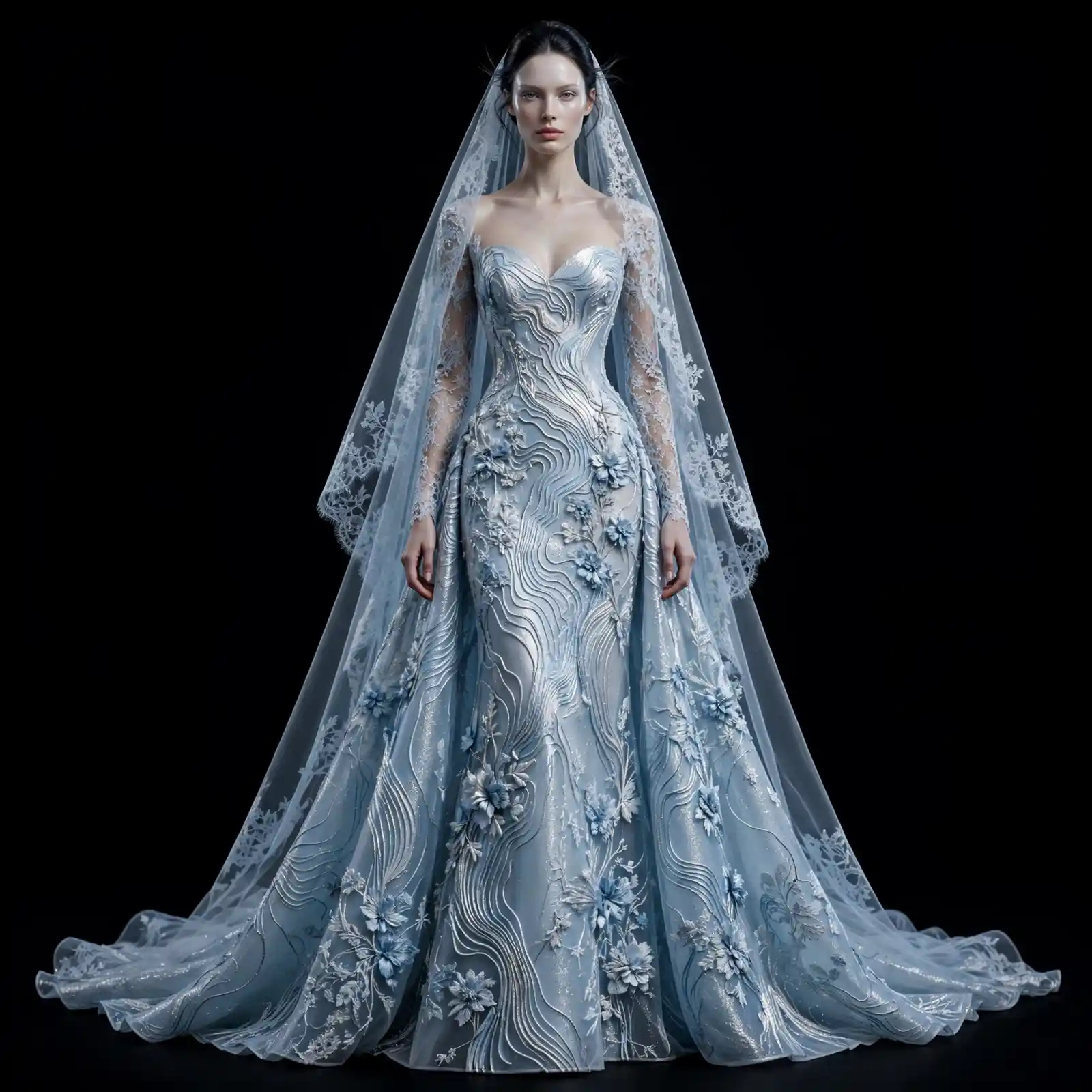 Ocean Wave 3D Floral Silver BlueGown