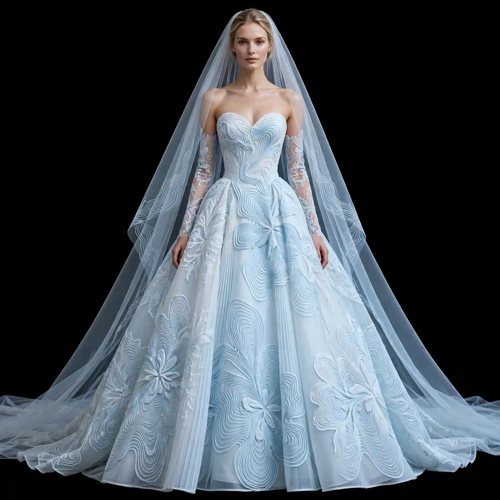Glacier Swirl Ball Gown with Wave Embroidery