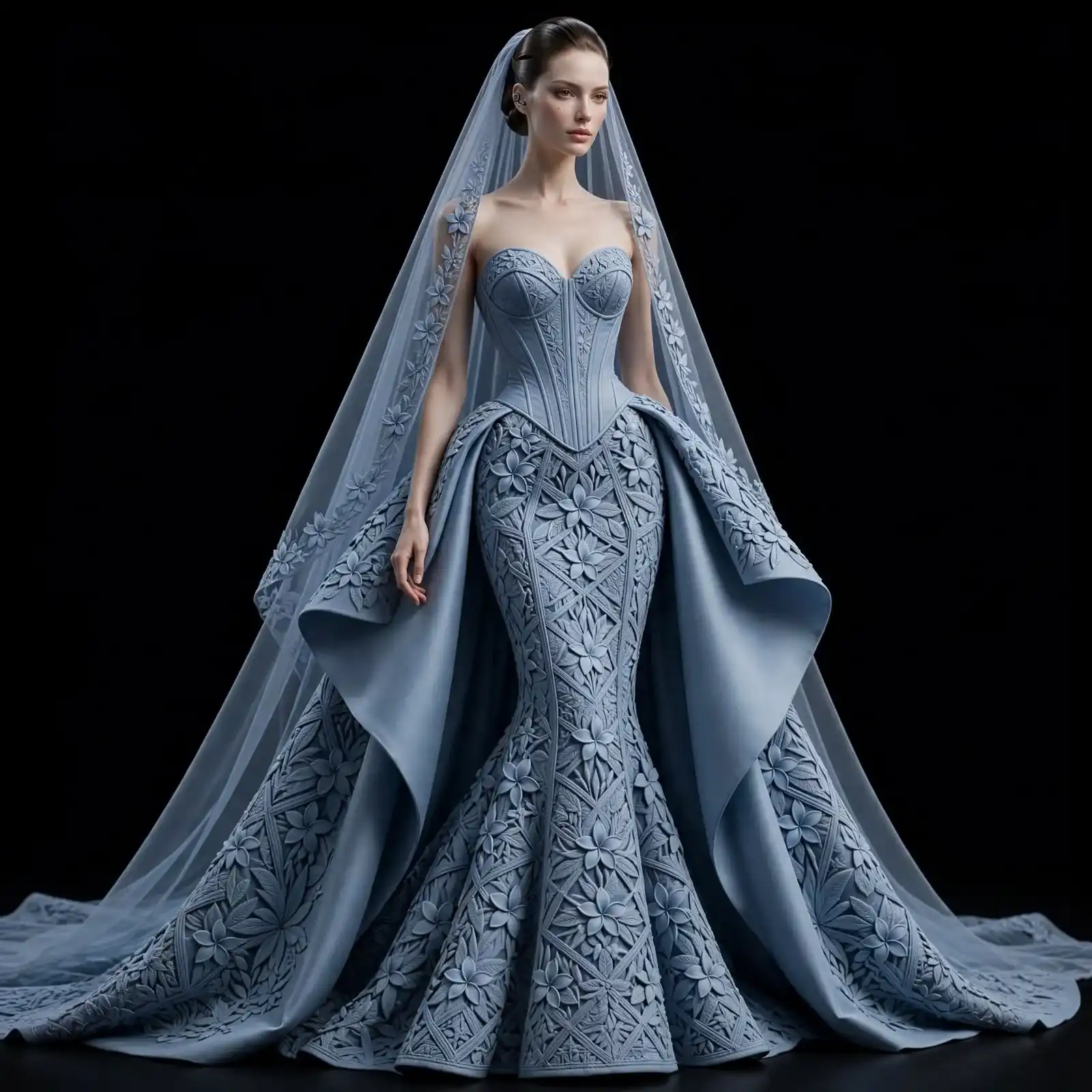 Flora Maze ExpensiveE Ice Blue 3D Floral Mermaid Cape Gown