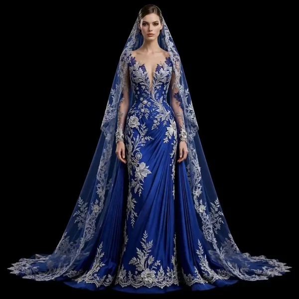 Cobalt Bloom ExpensiveE Silver Filigree Illusion Mermaid Wedding Gown with Cathedral Lace Veil