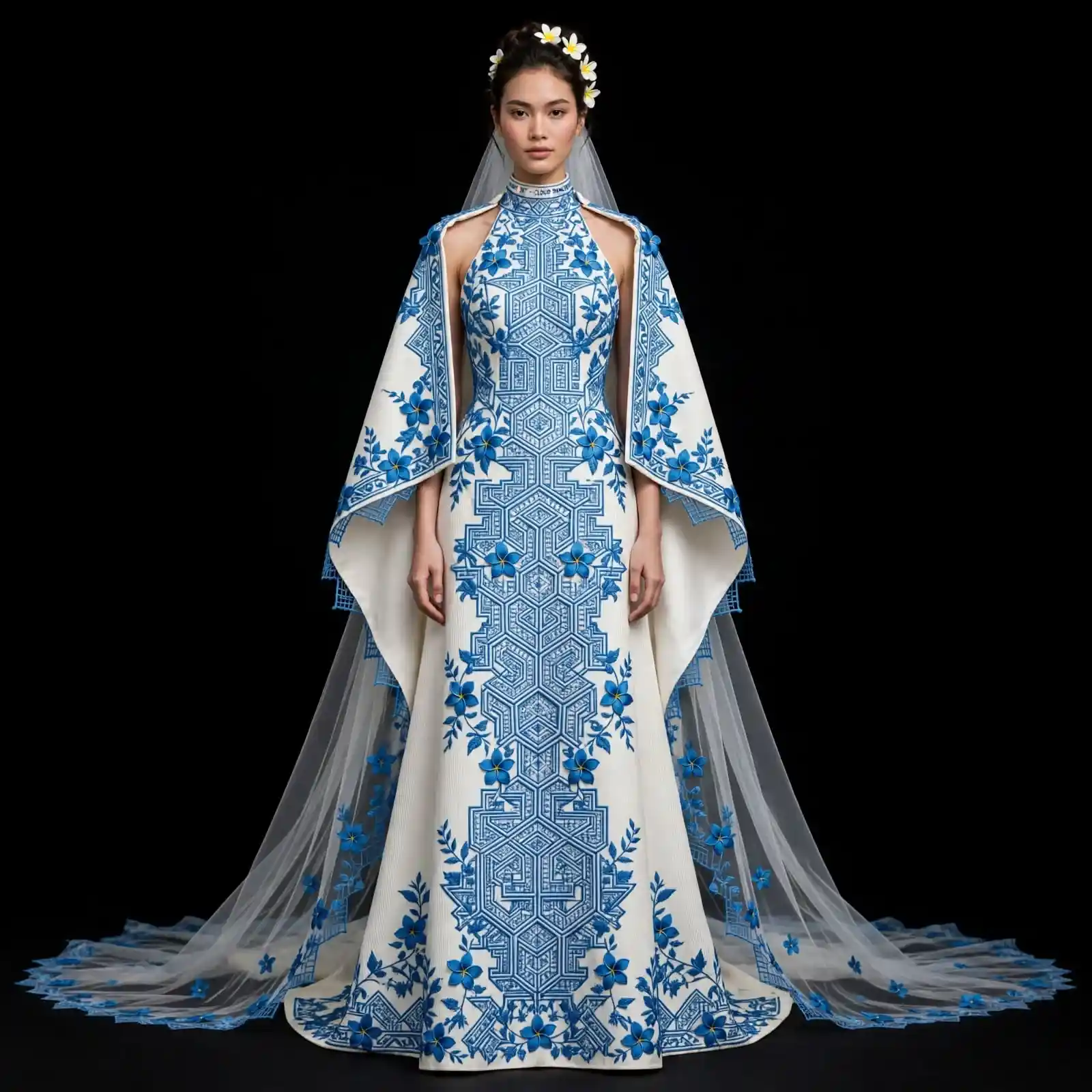Porcelain Floral Geometric Halter CapeGown