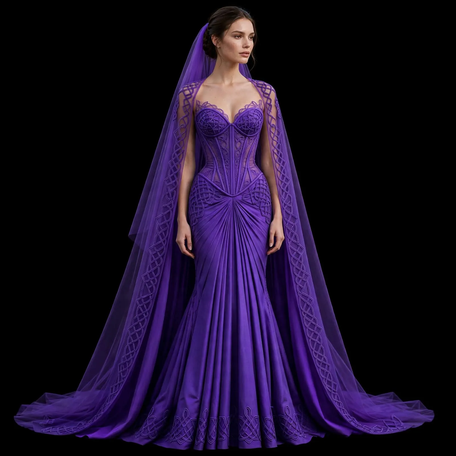 Royal Celtic ExpensiveE Purple Braided Mermaid Cape Veil Gown