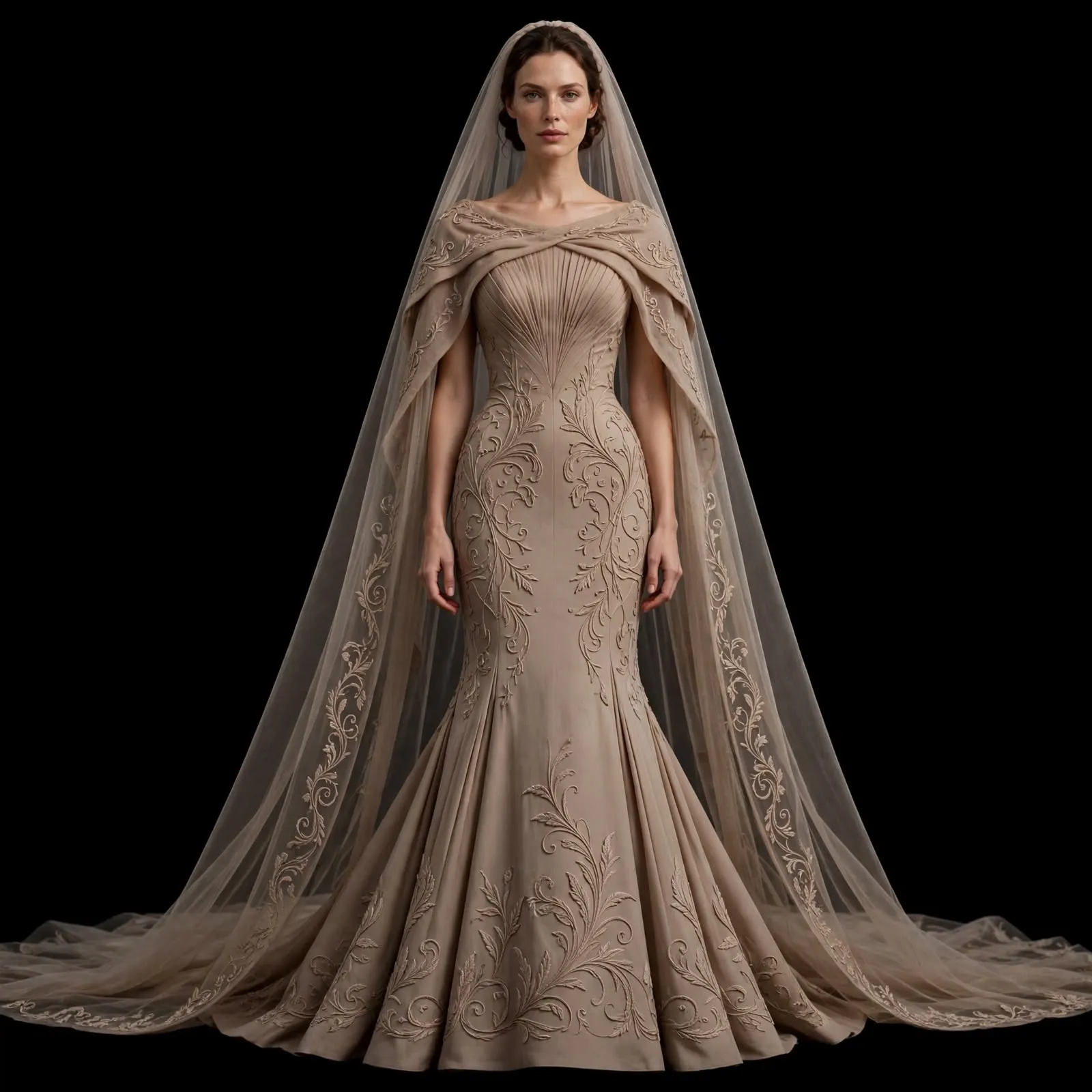 Desert Sand ExpensiveE Taupe Baroque Mermaid Gown with Draped Veil