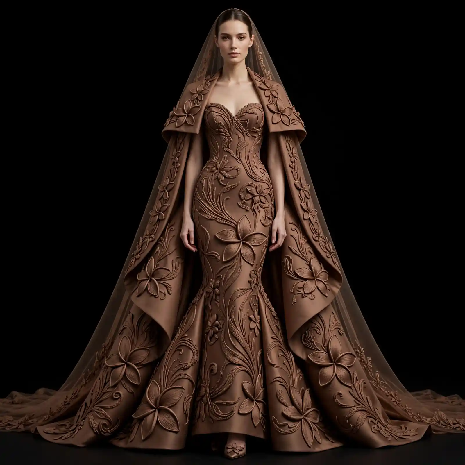 Mocha Floral ExpensiveE Brown 3D Floral Mermaid Cape VeilGown