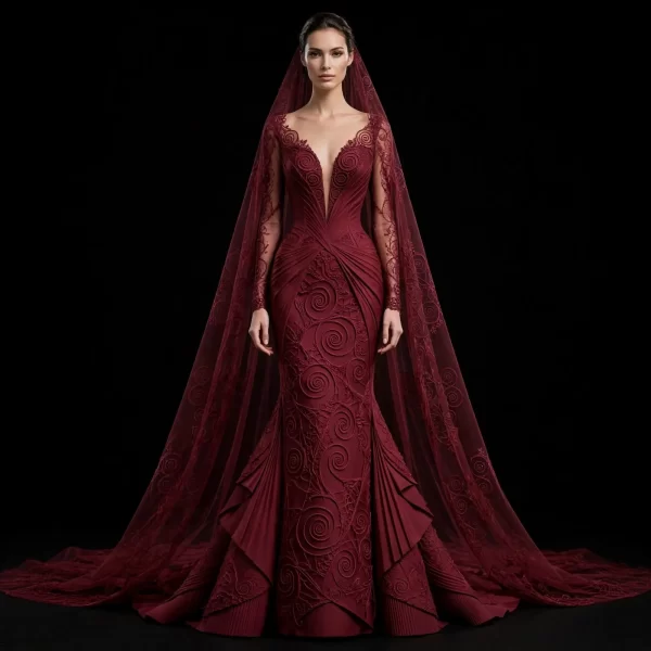 Burgundy Spiral ExpensiveE Sculpted Swirl Mermaid Gown with Lace Veil