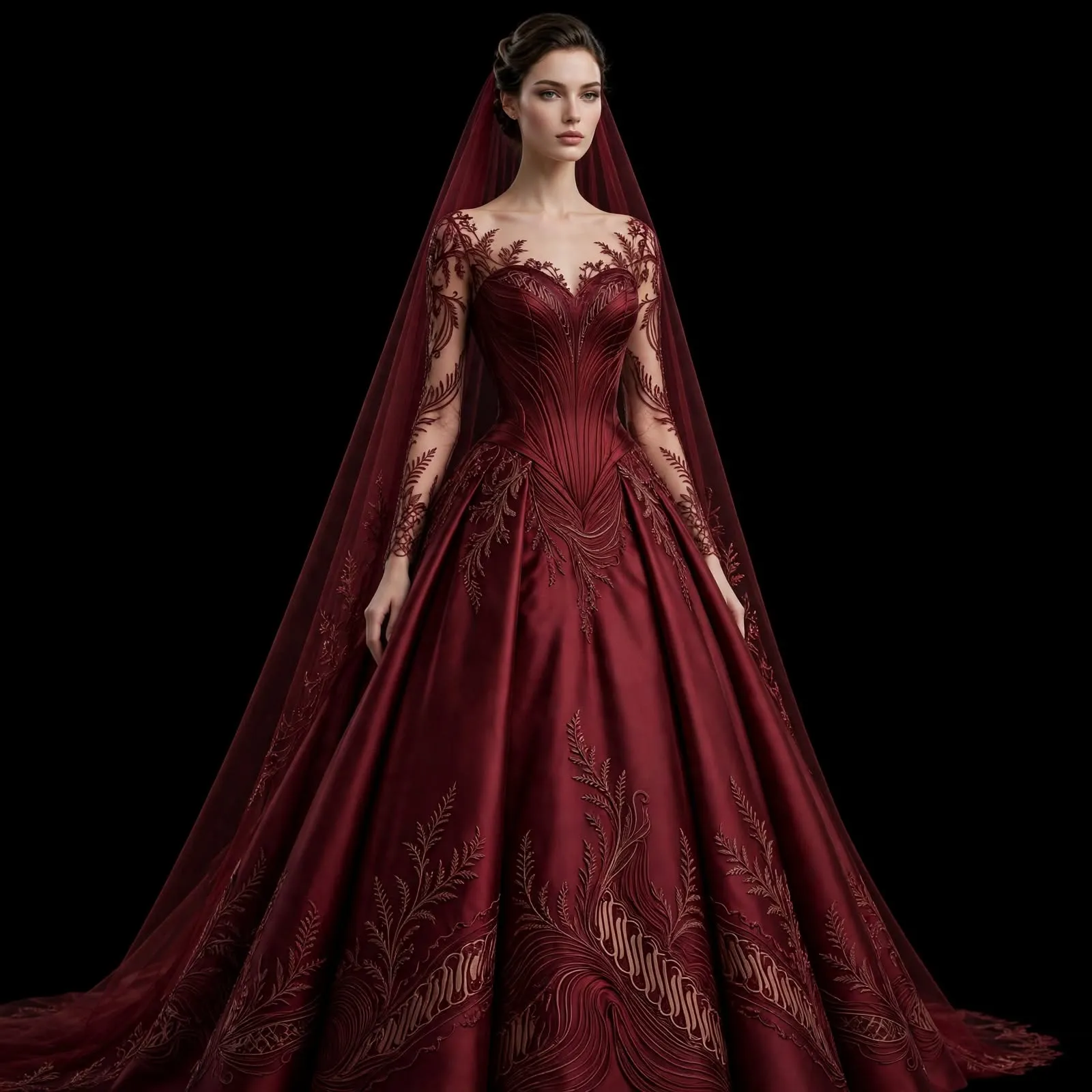 Burgundy Fern ExpensiveE Botanical Ball Gown with Lace Sleeves Veil
