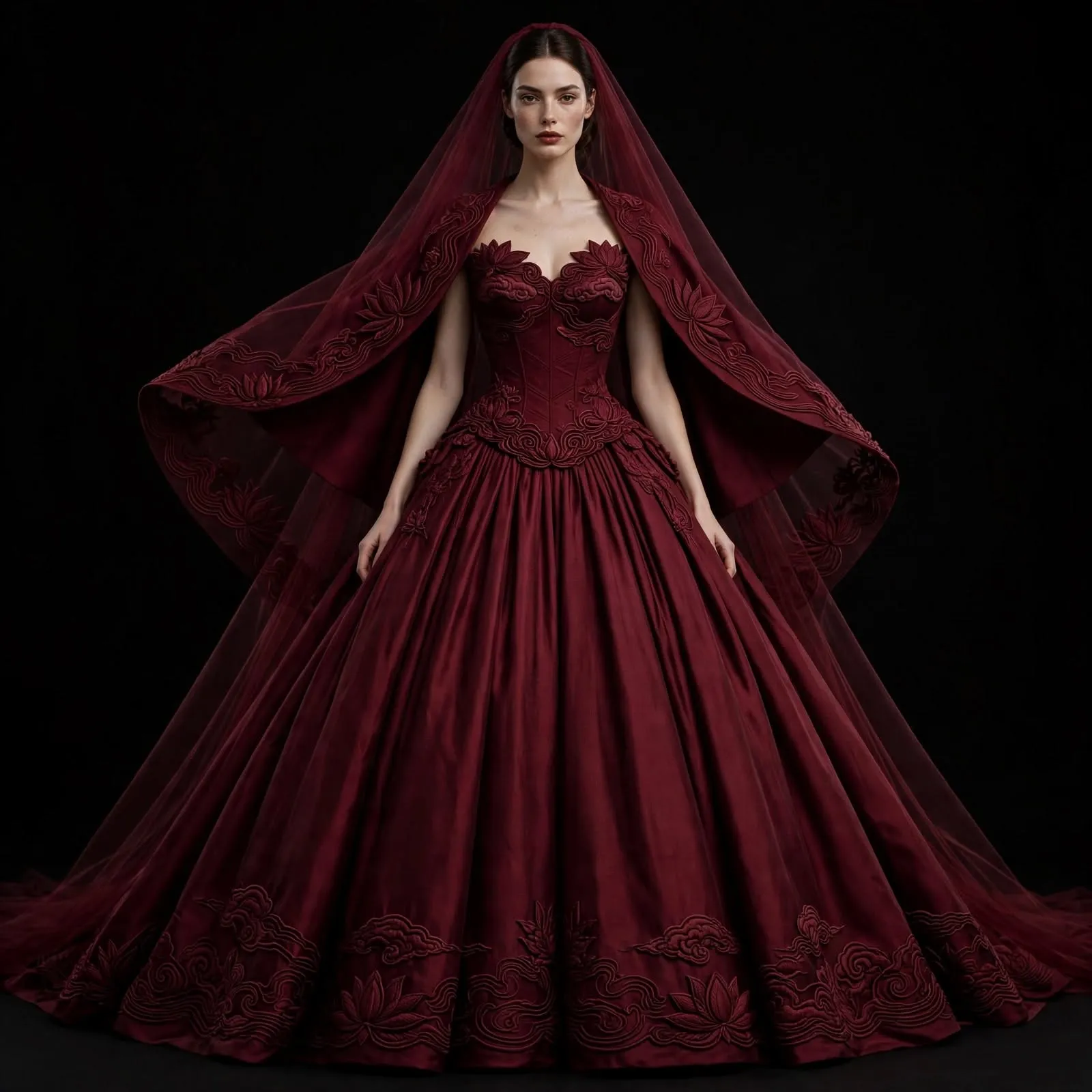 Burgundy Lotus ExpensiveE Cloud Wave Ball Gown with Embroidered Veil