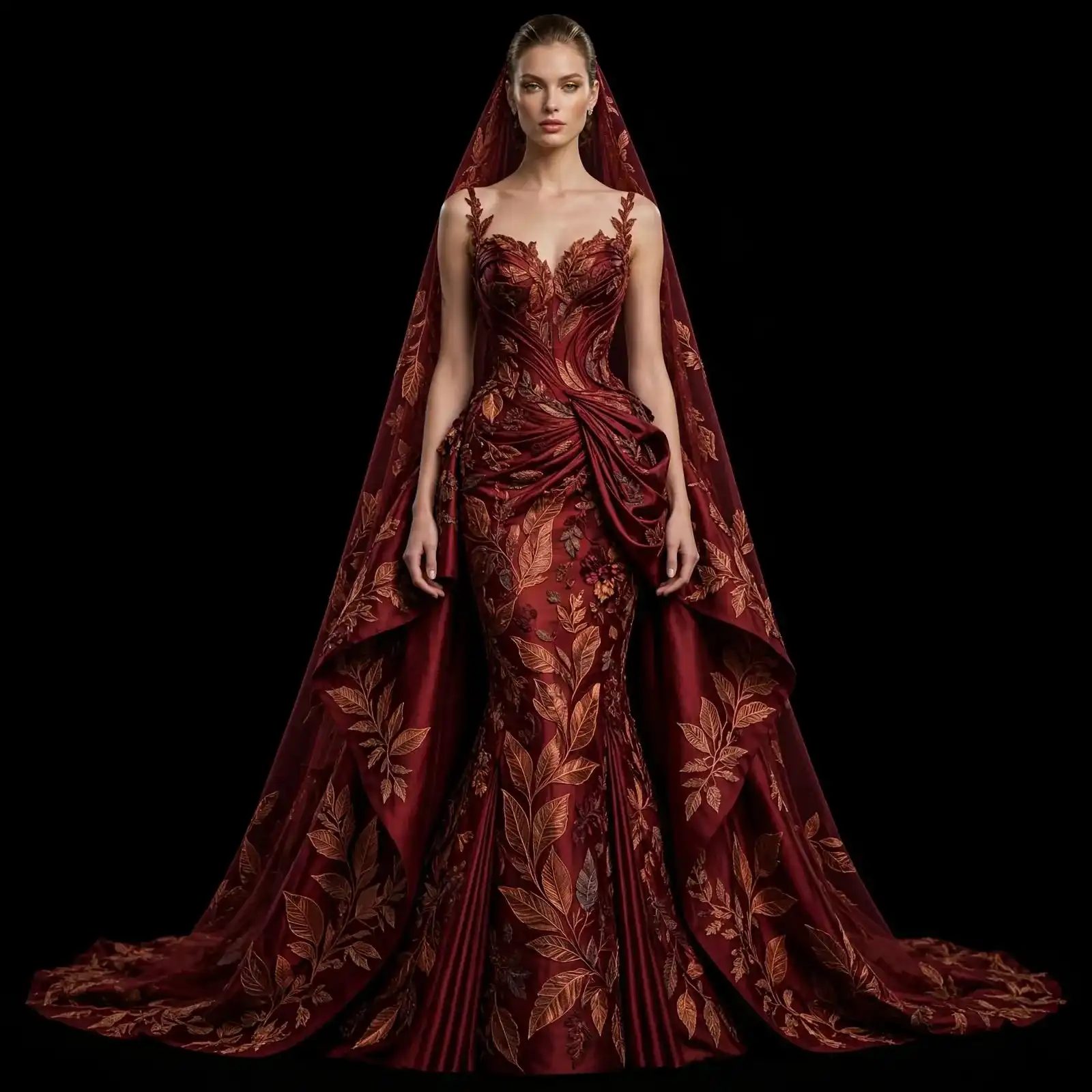 Burgundy Botanical ExpensiveE Copper Leaf Draped Mermaid Cape Gown