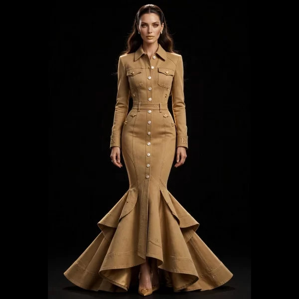Women's Longline Button-Front Mermaid Trench Gown with Flared Train