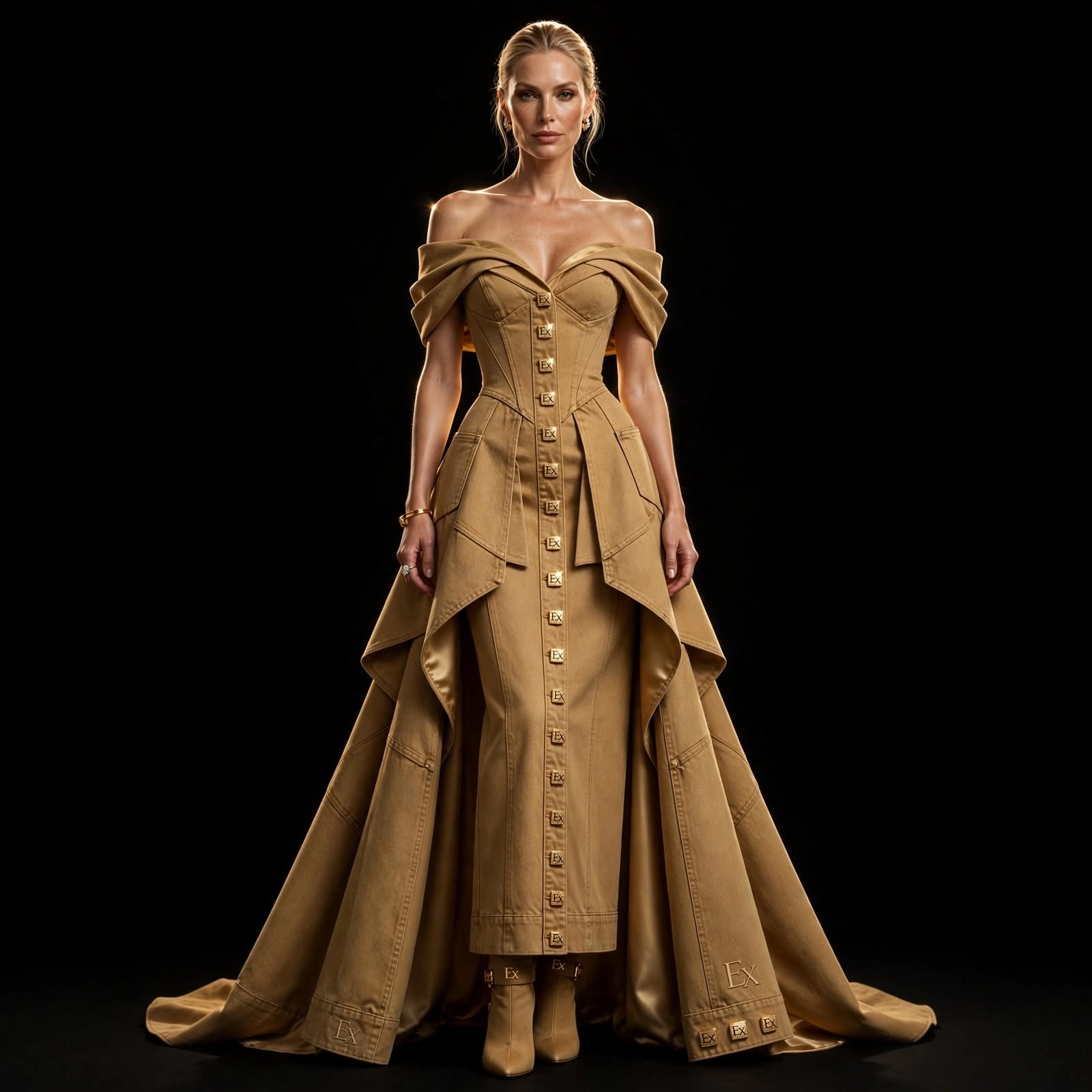 Women's Off-Shoulder Bardot Corset Gown with Draped Overskirt Train