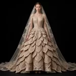 ExpensiveE Camel Leaf Scale Peplum Ball Gown - ExpensiveE Botanical Armor Couture