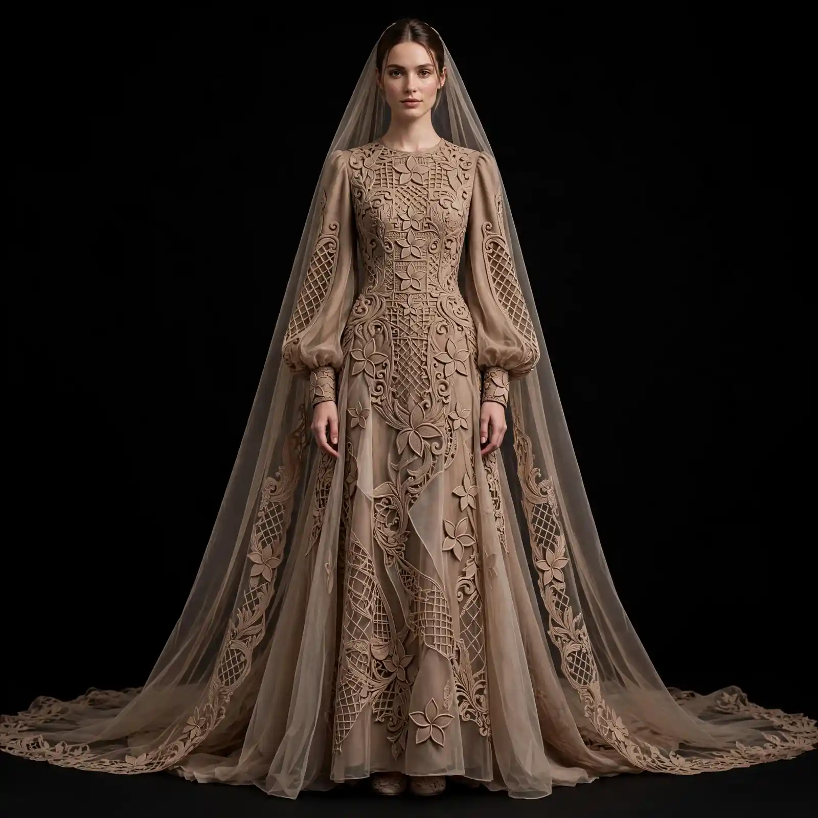 ExpensiveE Camel Plumeria Grid Baroque Bishop Puff Sleeve Mermaid Gown - ExpensiveE Floral Grid Temple