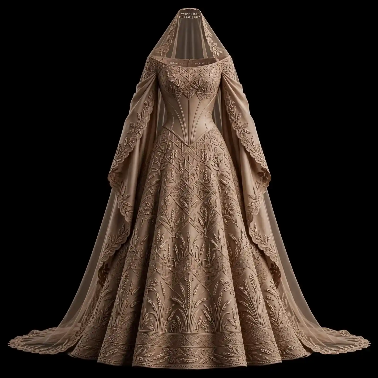 Camel Wheat ExpensiveE Phulkari Heritage Ball Gown with Scalloped Cape Veil