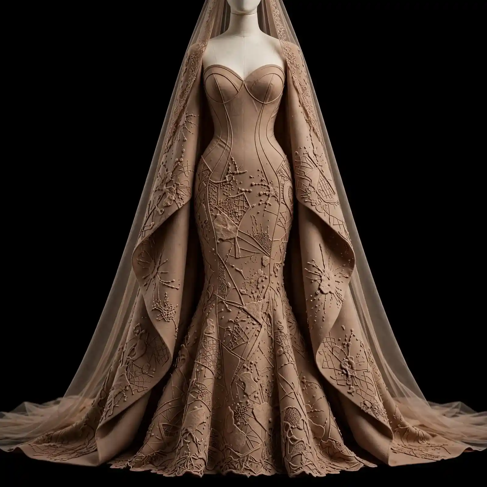 ExpensiveE Camel Chaos Net Abstract Mermaid Cape Gown - ExpensiveE Sculpted Web Couture