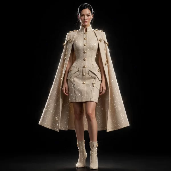 Women's Stardust Sparkle Gold Button Cape Mini Dress - For Tycoon Class Legacy Atelier Limited