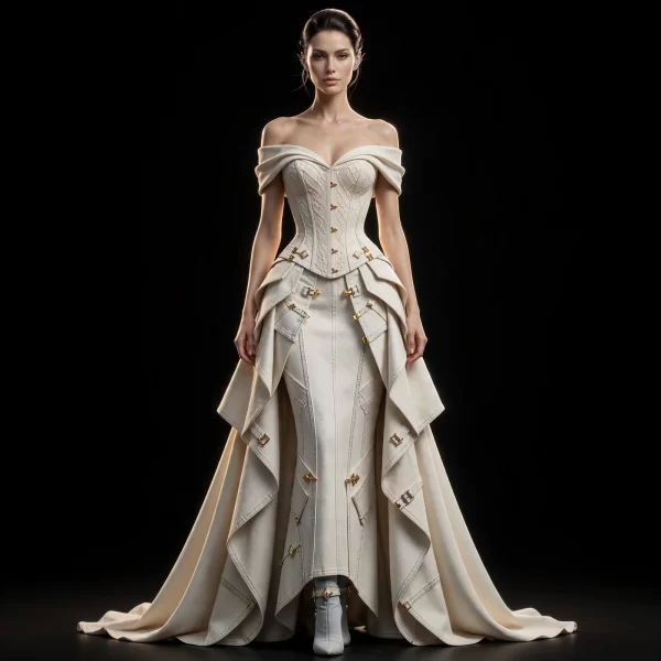 Women's Off-Shoulder Gold Buckle Long Train Mermaid Gown - For Opulent Wardrobe Curators Atelier Limited