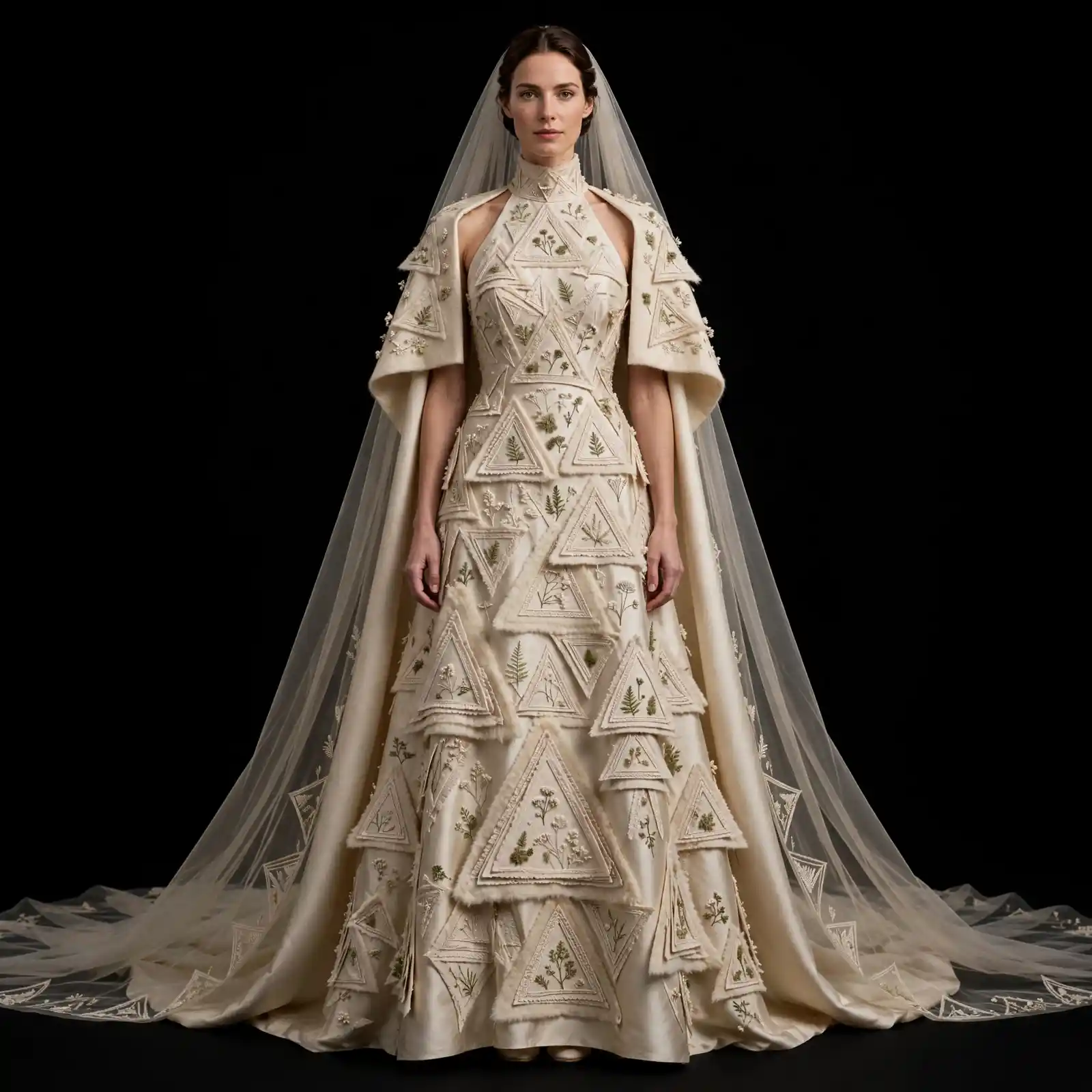 Ivory Triangle ExpensiveE Botanical Applique Mermaid CapeGown with Triangle Veil