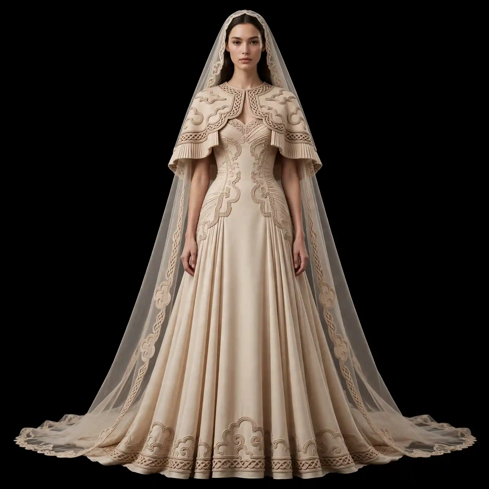 ExpensiveE Cream Celtic Cloud Braided Cape Veil A-Line Gown - ExpensiveE Heritage Cloud