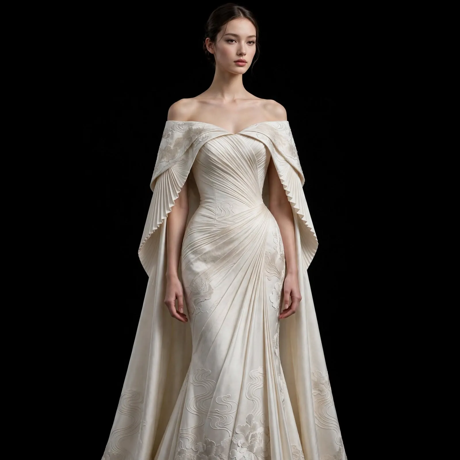 ExpensiveE Cream Draped Pleated Cloud Wave Mermaid Cape Gown - ExpensiveE Sculptural Drape