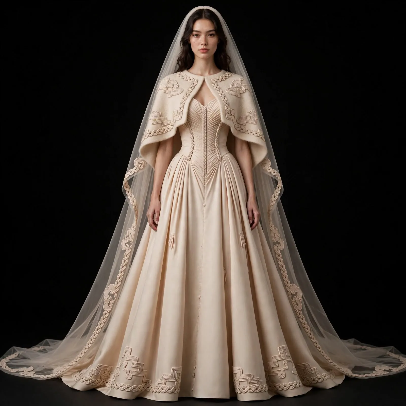 ExpensiveE Cream Celtic Braid Pleated Ball Gown with Celtic Capelet and Cathedral Veil - ExpensiveE Heritage Braid