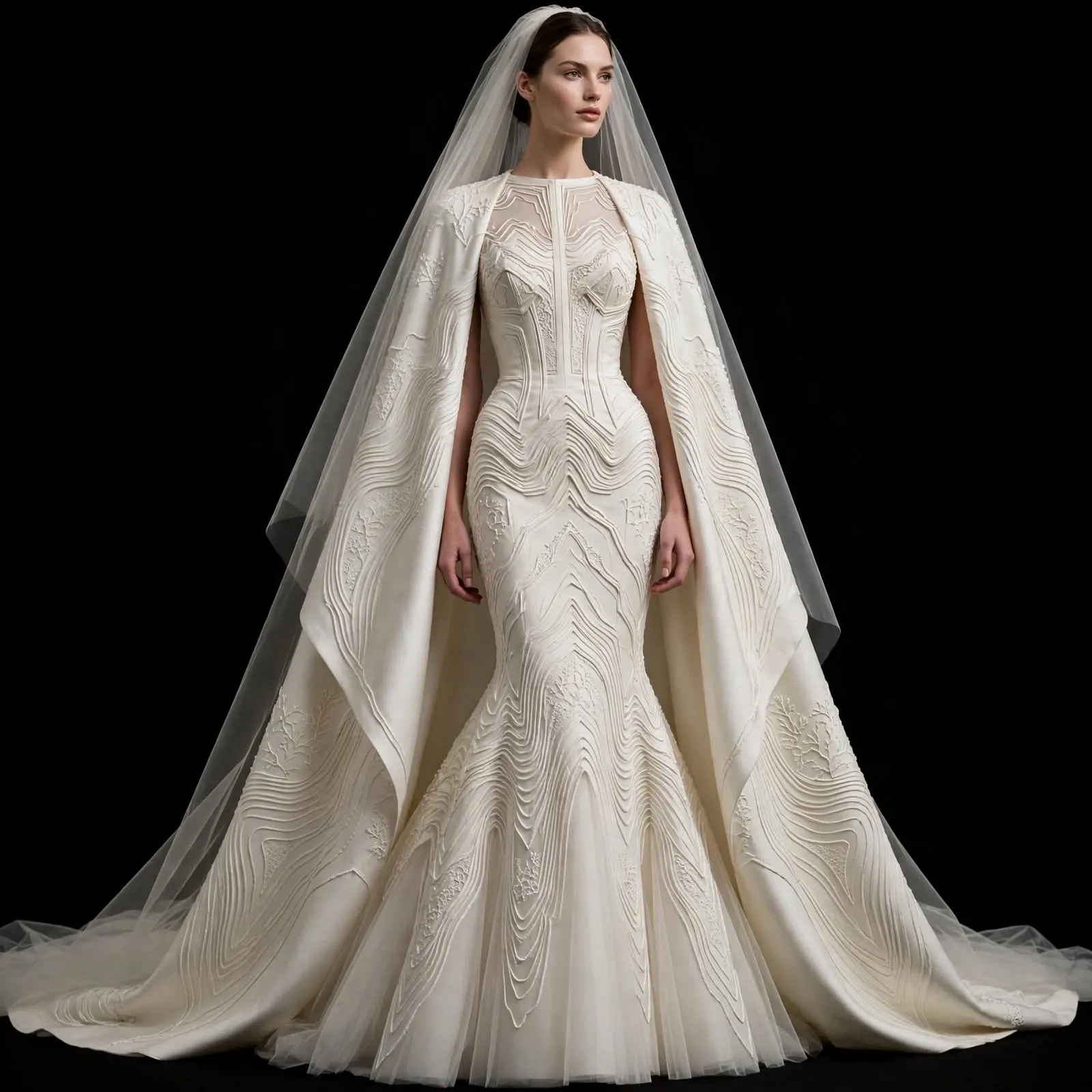 ExpensiveE Cream Topographic Wave Contour Mermaid Cape Gown - ExpensiveE River Topography Atelier
