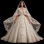 ExpensiveE Cream Tulip Vine Baroque BallGown with Sheer Lace Cape Veil - ExpensiveE Tulip Garden Atelier