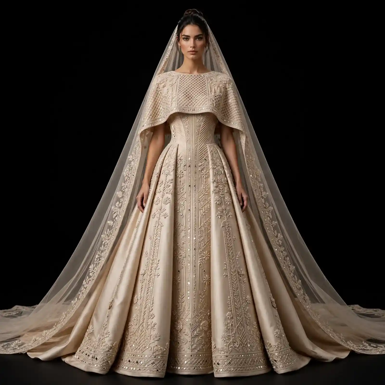 Champagne Heritage ExpensiveE Phulkari Mirror Work Ball Gown Cape Veil