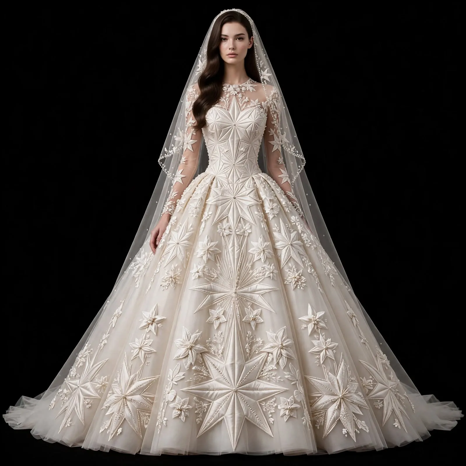 Ivory Celestial ExpensiveE Starburst Pleated BallGown with Star Veil