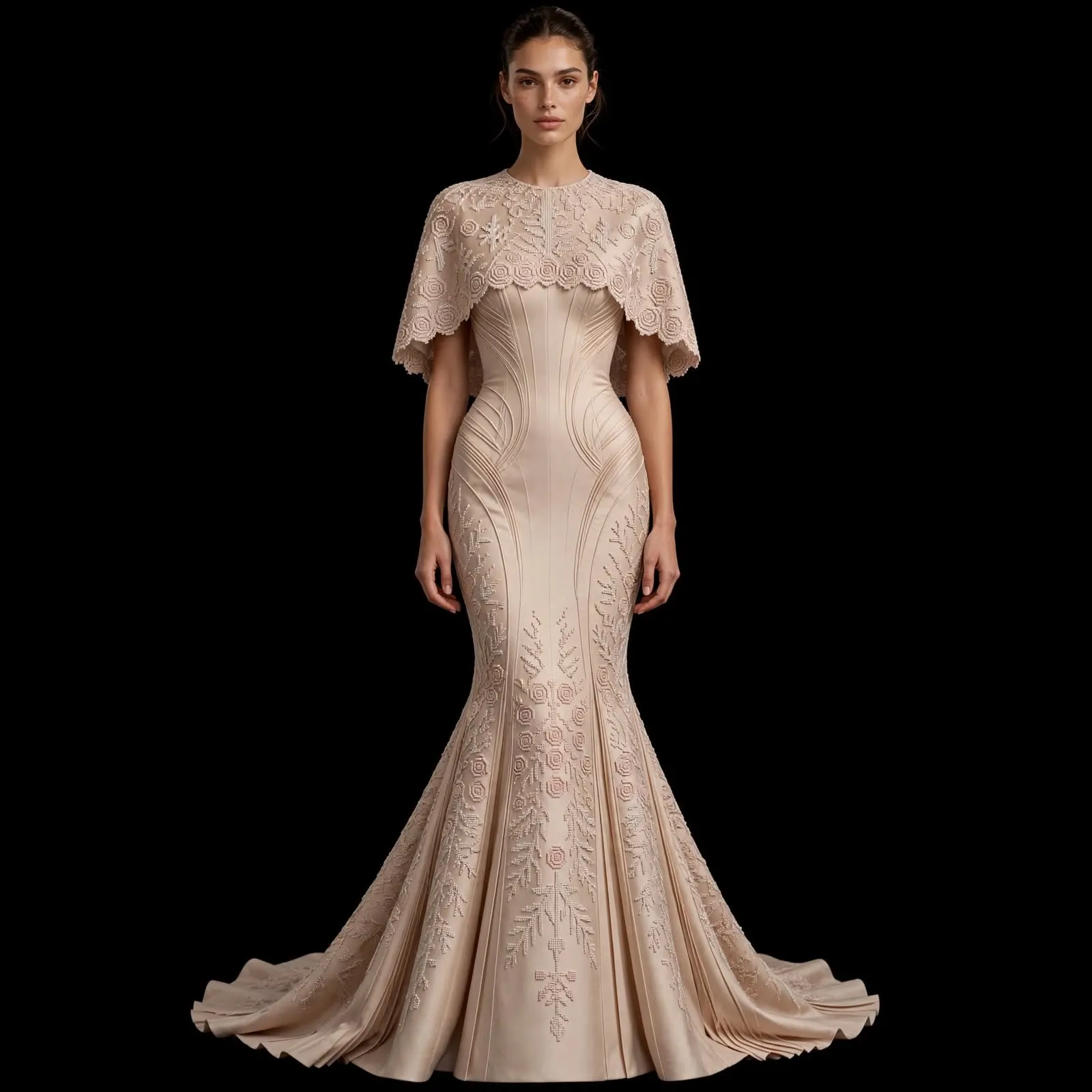 Champagne Heritage ExpensiveE Rose Lace Capelet Mermaid Gown