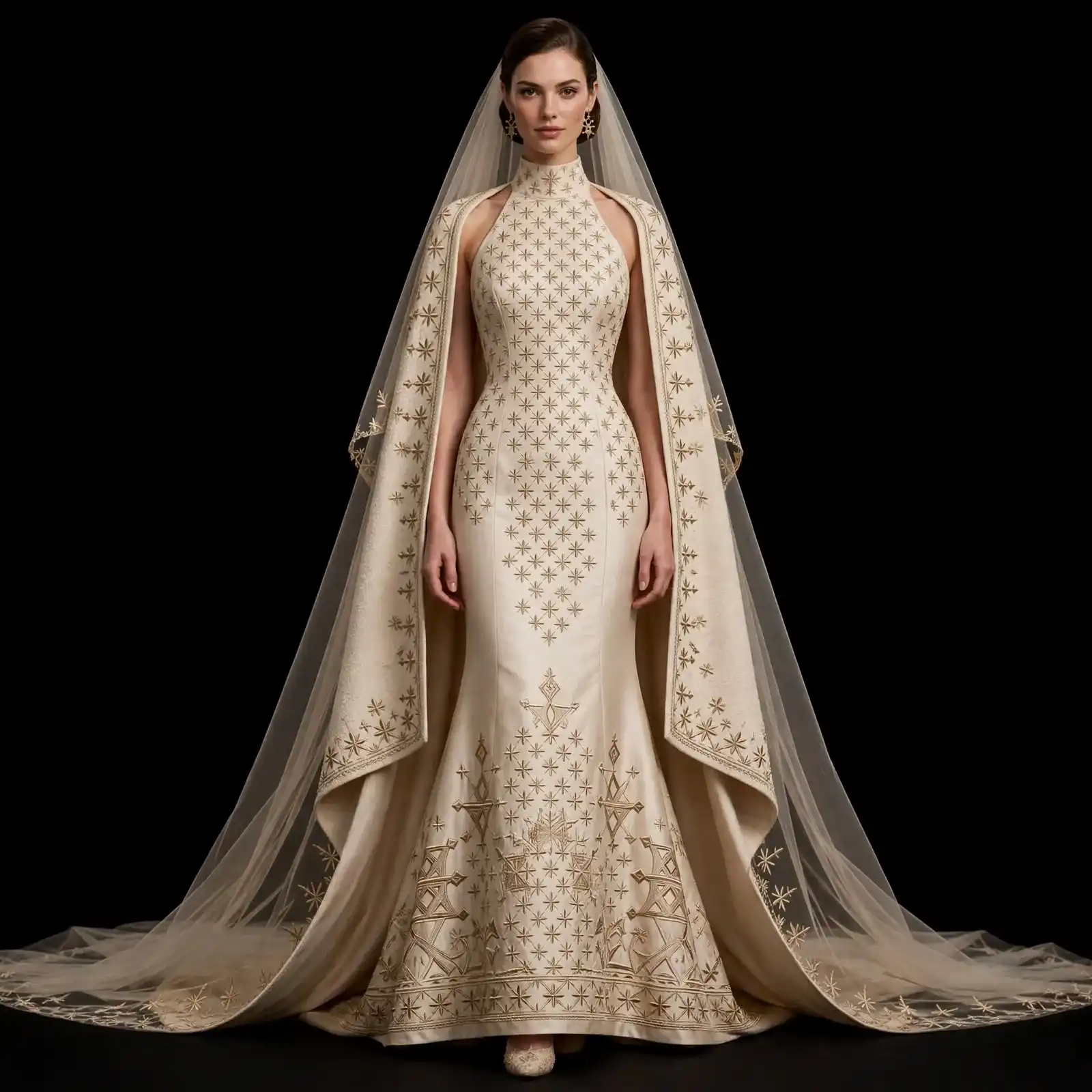 ExpensiveE Cream Celestial Star Cross Geometric Cape Mermaid Gown - ExpensiveE Starlight Temple