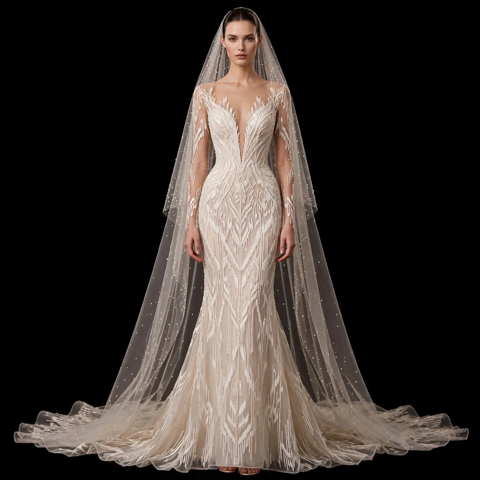 ExpensiveE Cream Ethereal Feather Ikat Tribal MermaidGown - ExpensiveE Plumage Couture
