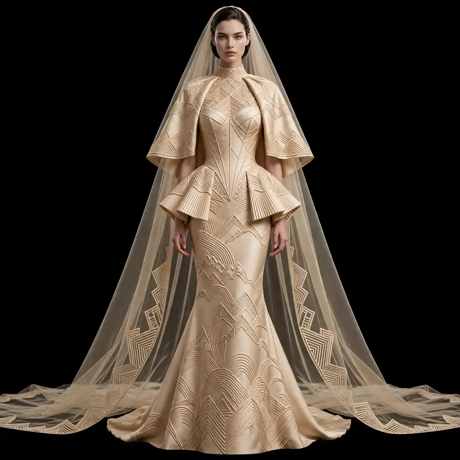 ExpensiveE Champagne Mountain Peplum Zigzag Wave Cape Mermaid Gown - ExpensiveE Alpine Peplum Atelier