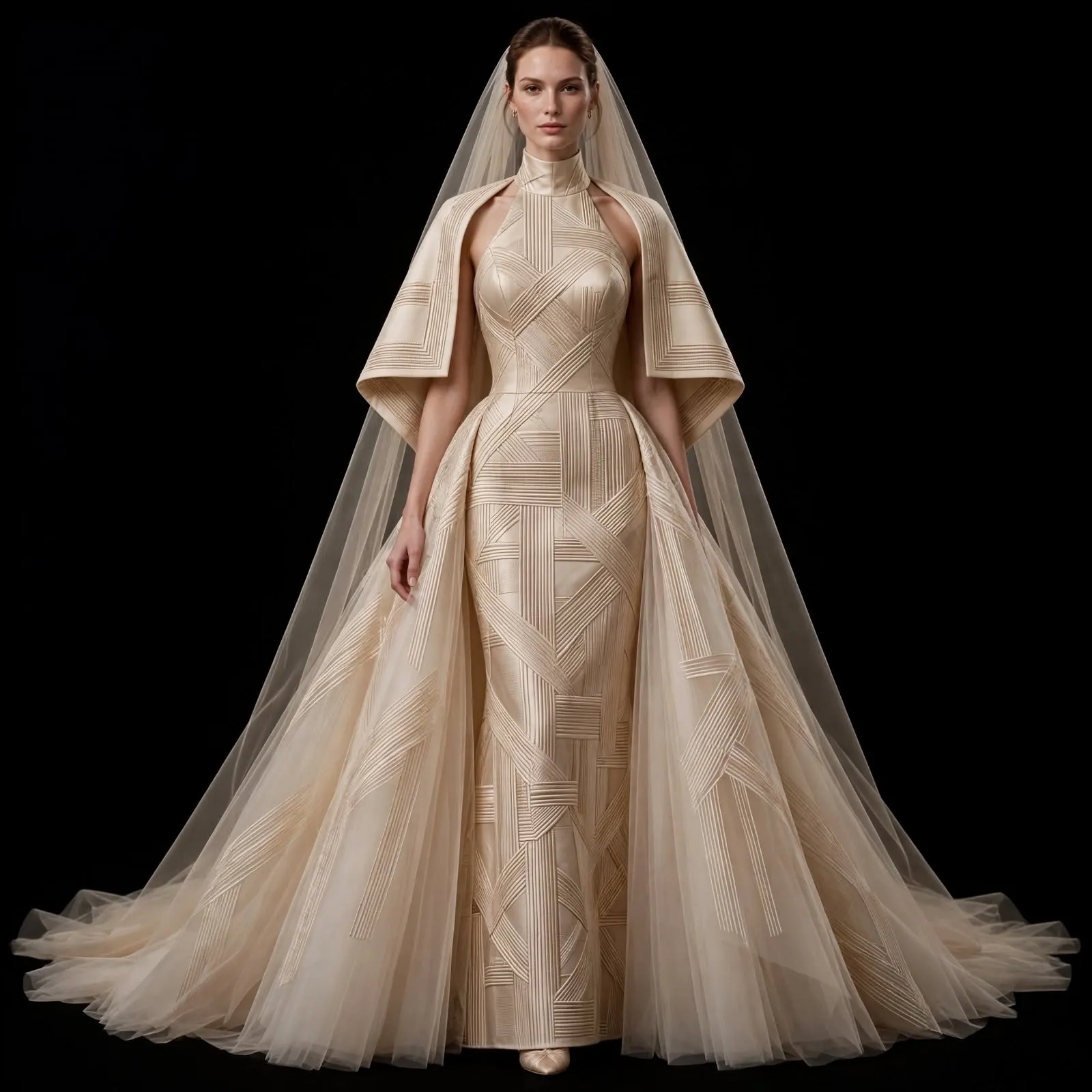 Champagne Geometric ExpensiveE Corded Band Mermaid Cape Veil Gown