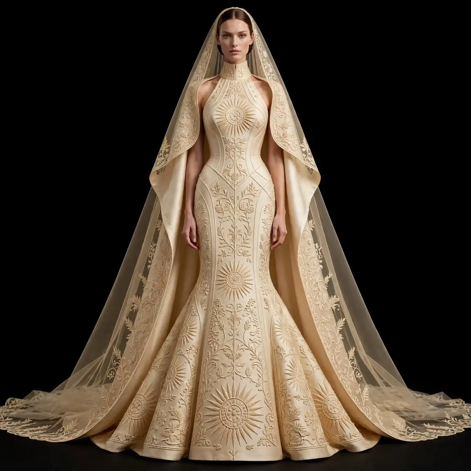 Ivory Sunburst ExpensiveE Solar Celestial MermaidGown with Embroidered Veil