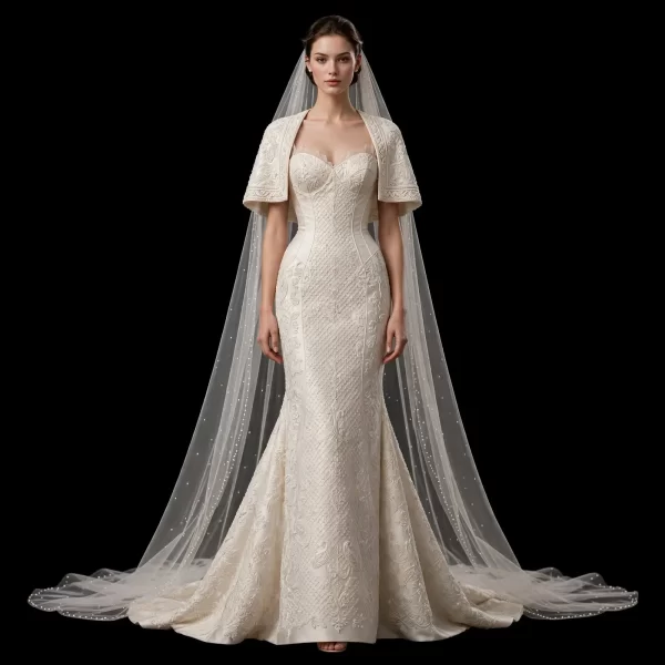Ivory Pearl ExpensiveE Diamond Lattice Mermaid Gown with Pearl Cape Veil