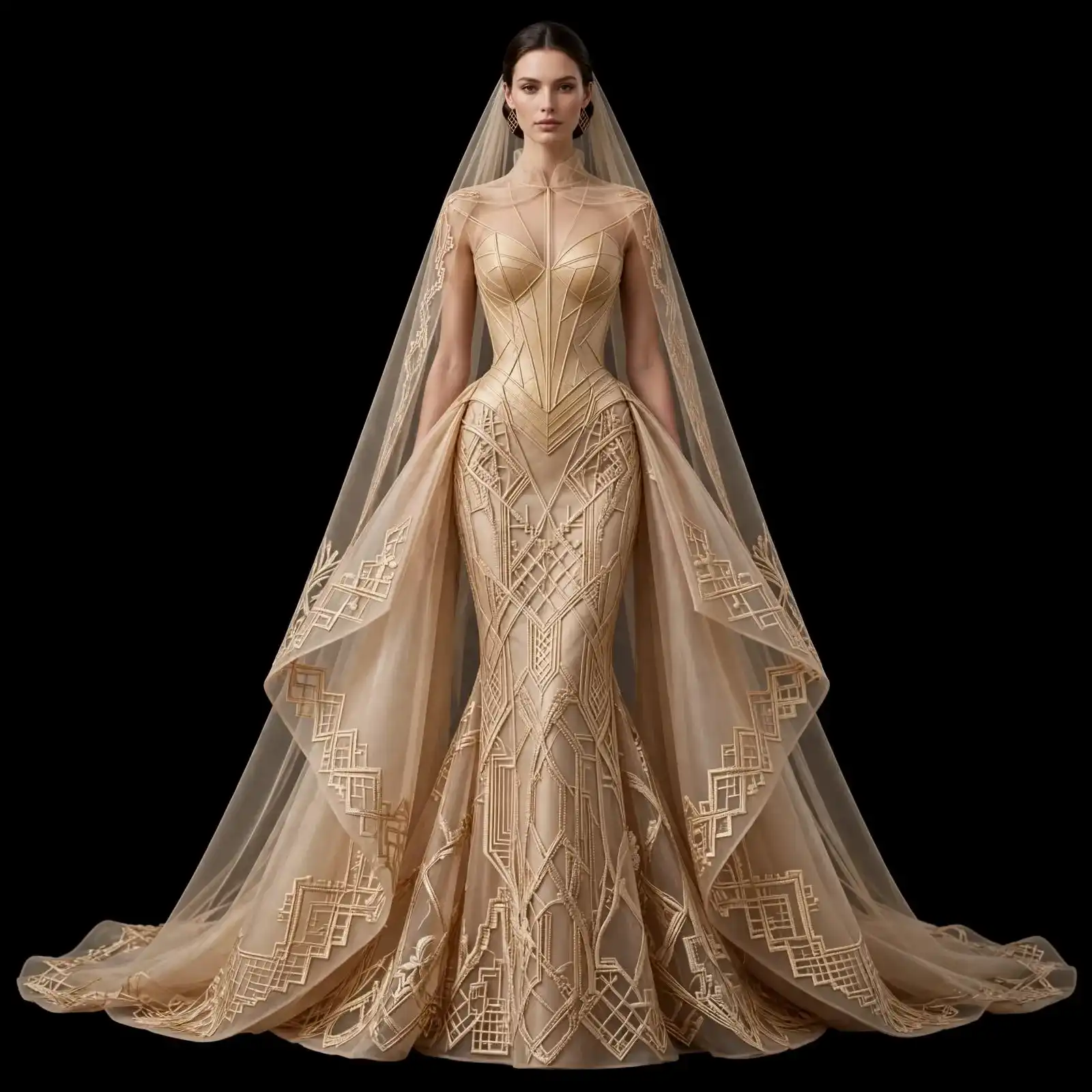 ExpensiveE Camel Beige Geometric Architectural Corset Cape MermaidGown - ExpensiveE Art Deco Blueprint Couture