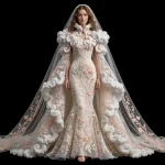 ExpensiveE Cream Cloud Spiral Baroque Cape Mermaid Gown with Peach Floral Lace - ExpensiveE Cloud Baroque Atelier