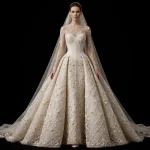 ExpensiveE Cream Daisy Lattice Pearl Beaded Ball Gown with Long Lace Sleeves - ExpensiveE Daisy Garden Couture
