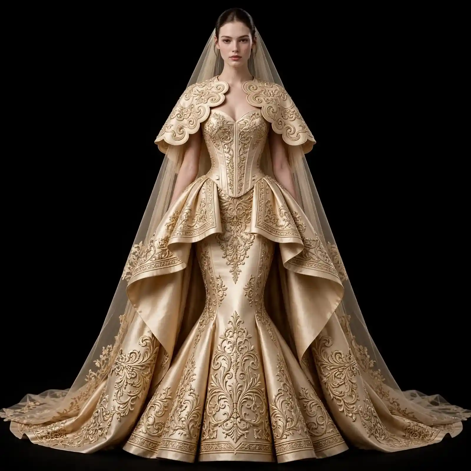 ExpensiveE Cream Gold Baroque Scalloped Peplum Corset MermaidGown - ExpensiveE Baroque Crown Edition