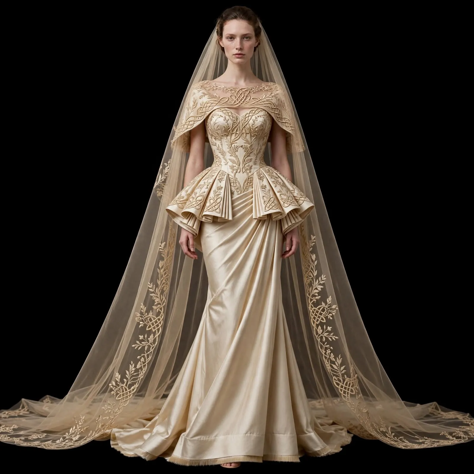 ExpensiveE Cream Celtic Vine Knot Peplum Mermaid Gown with Draped Skirt - ExpensiveE Celtic Garden Atelier