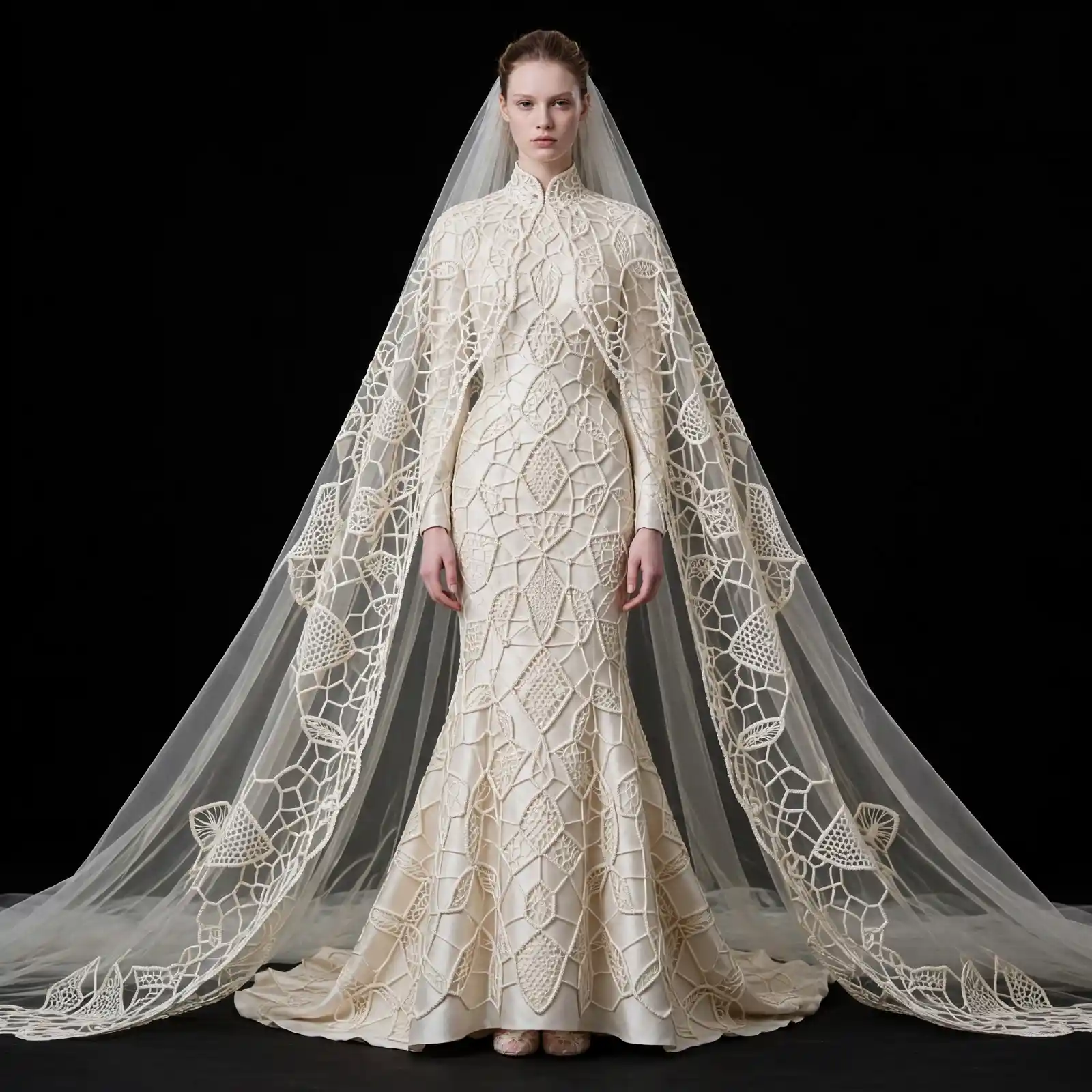 Ivory Stained Glass ExpensiveE Lattice Cathedral Cape MermaidGown