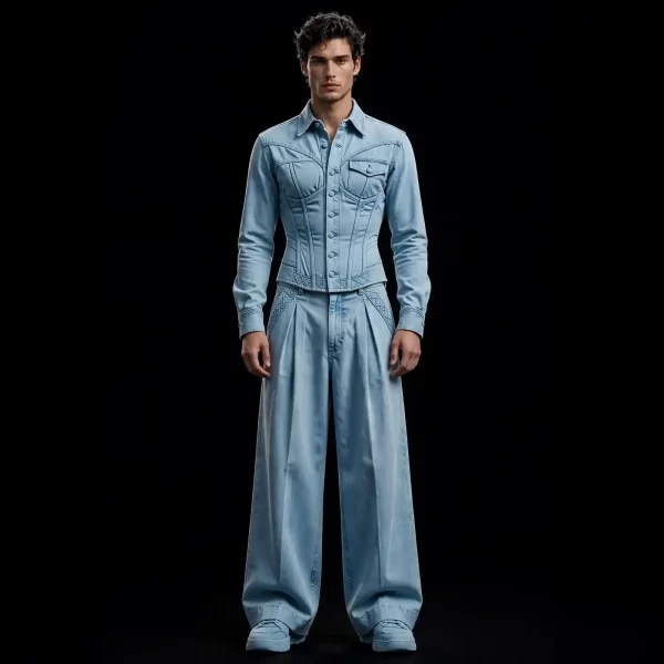 mens corset denim shirt wide leg pleated pants light blue