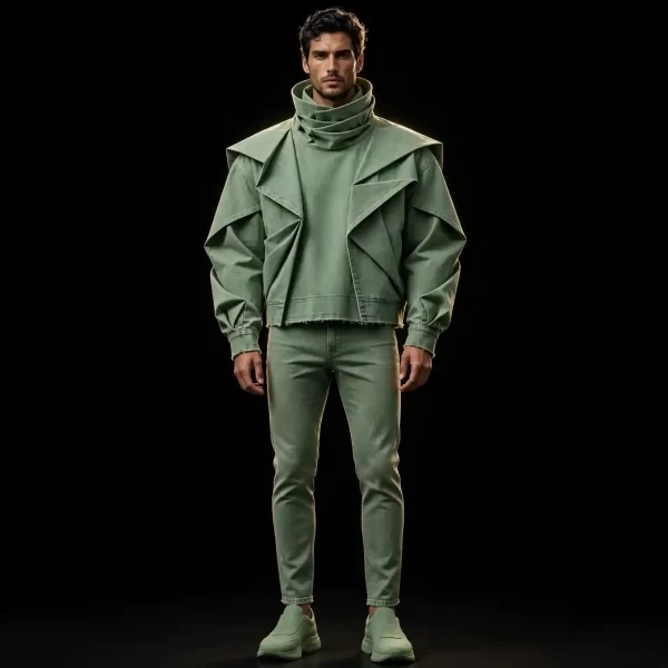 mens sage green cowl neck origami denim jacket set