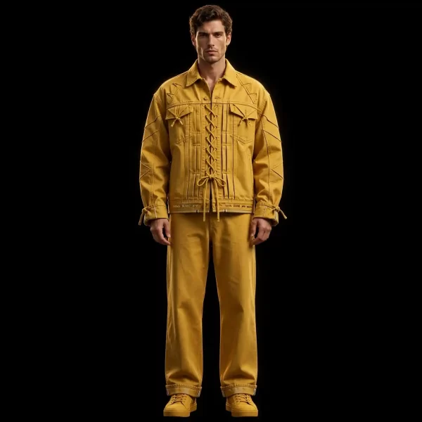 mens mustard yellow lace up corset denim jacket set