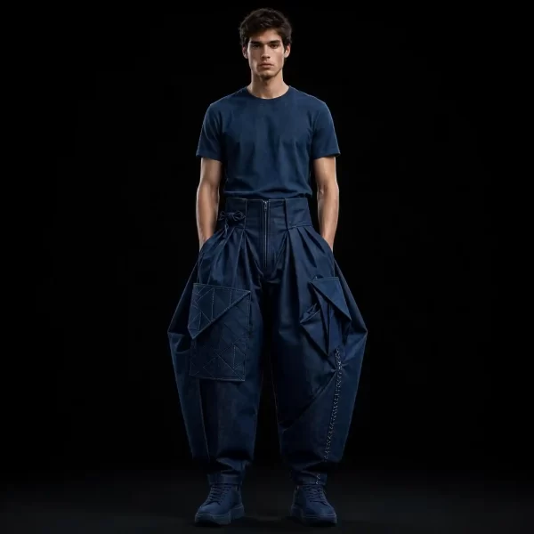 mens balloon cargo pants denim geometric pocket wide leg indigo