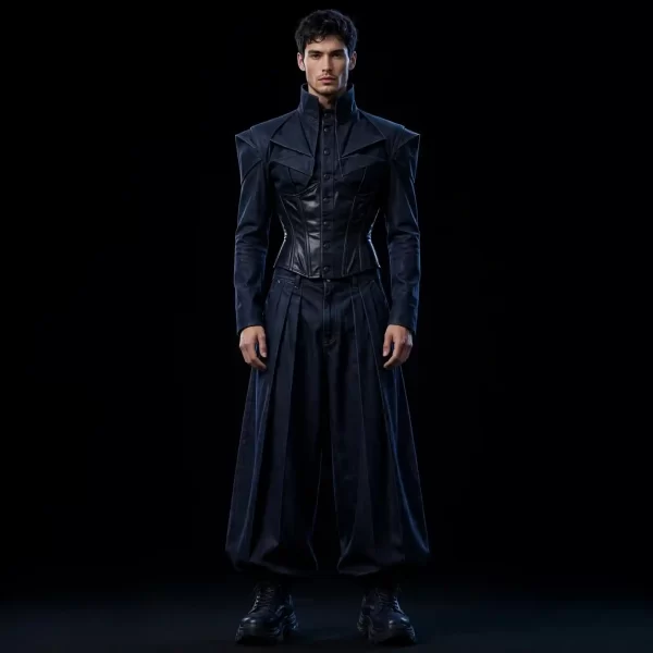 mens black coated denim corset tuxedo hakama wide pants