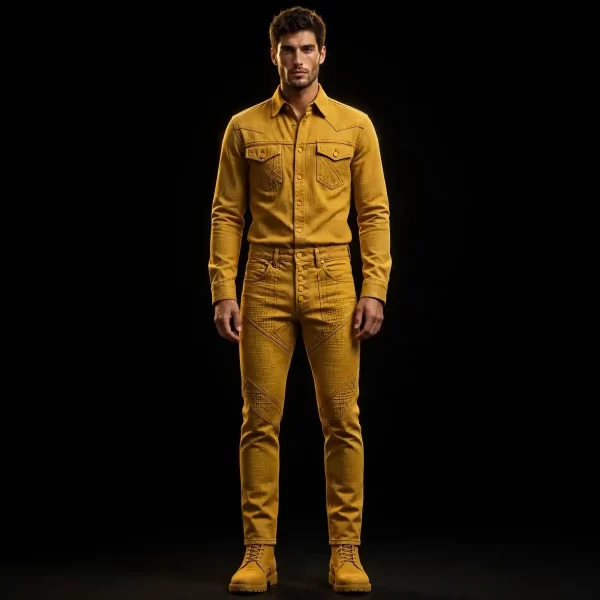 mens ochre western denim shirt set slim panel pants mustard