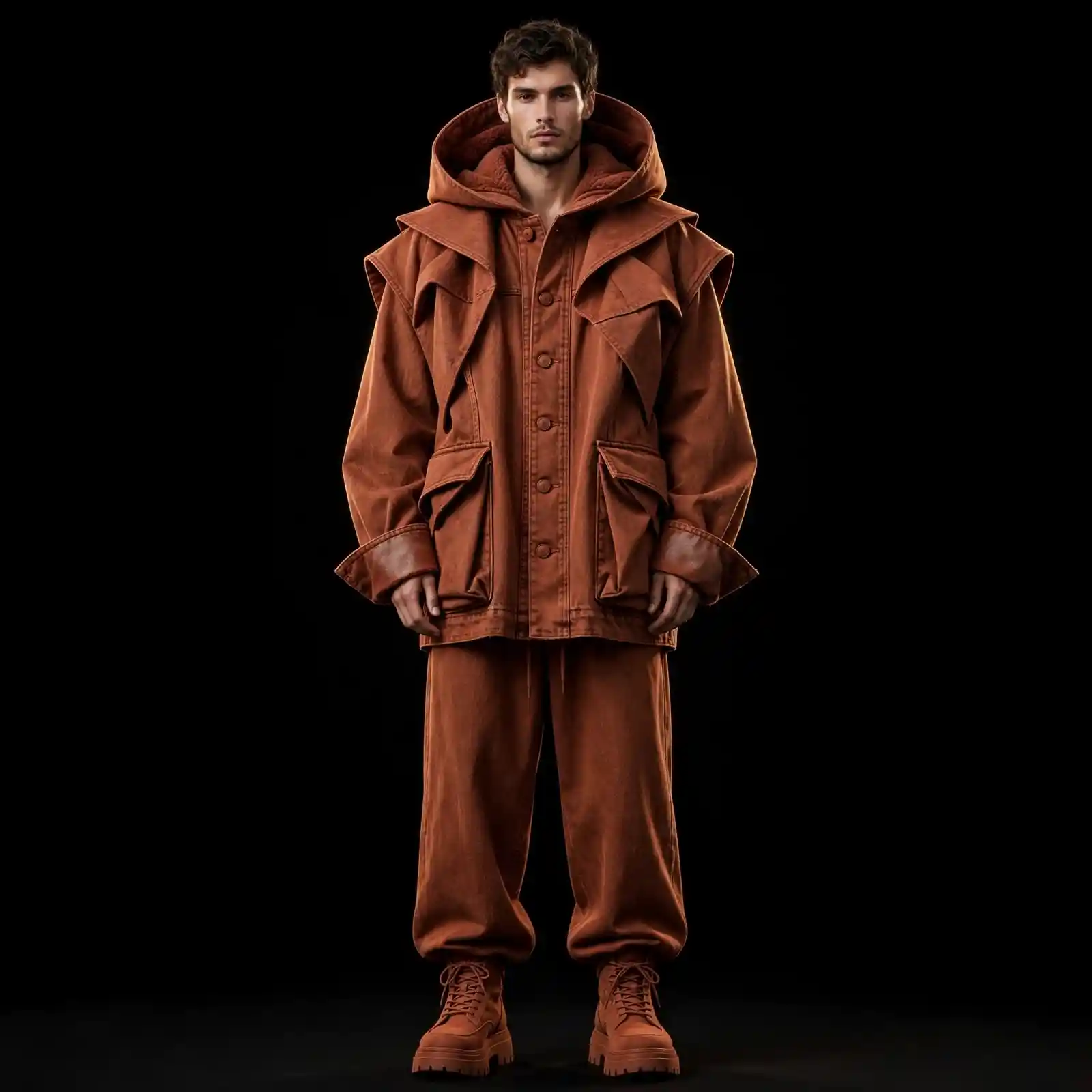 mens terracotta hooded denim parka oversized origami set rust
